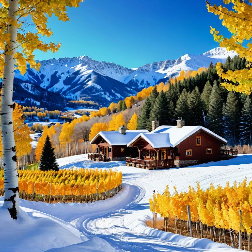 A picturesque scene showcasing a winding wine trail amidst Aspen's snowy peaks, with lush vineyards under a clear blue sky. Include skiers in the background enjoying the slopes and a cozy wine tasting hut with warm lights. Capture the contrast of vibrant green vines against the white snow, evoking a sense of adventure and luxury. super-realistic. vibrant colors. high detail.