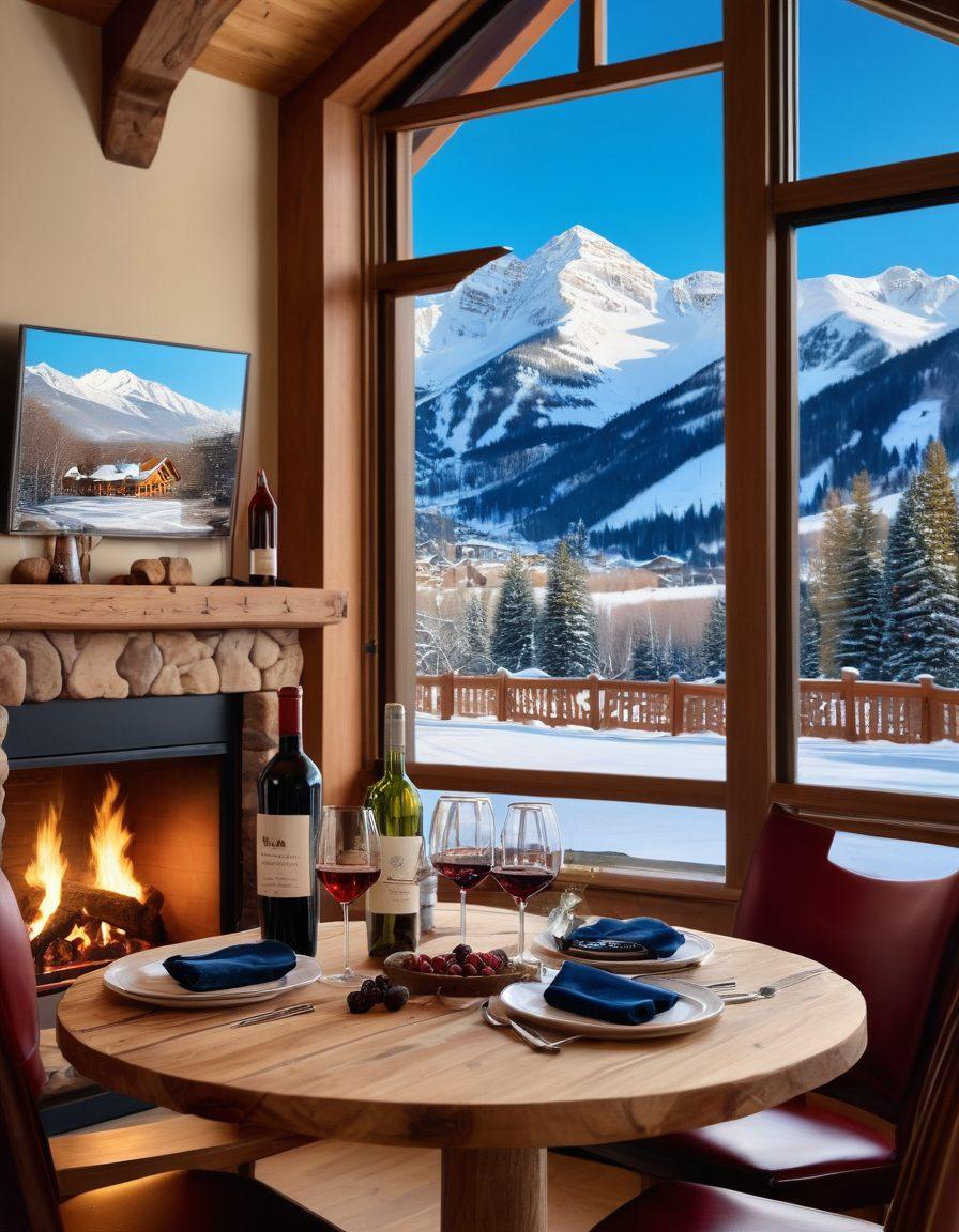A cozy ski lodge in Aspen surrounded by pristine snow-covered slopes, with a wooden table adorned with elegant wine glasses and a bottle of red wine, reflecting the warm glow of a fireplace. In the background, majestic mountains under a clear blue sky and ski enthusiasts gliding down the slopes. A touch of festive decor enhances the winter atmosphere. super-realistic. vibrant colors. warm tones.