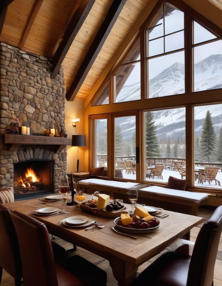 A cozy mountain lodge with a roaring fireplace, surrounded by snow-covered slopes and skiers enjoying the fresh powder. On a rustic wooden table, a selection of fine wines is elegantly displayed alongside gourmet cheeses and chocolates. The atmosphere is warm and inviting, evoking the perfect après-ski vibe. Snowflakes gently fall outside through large windows showcasing the breathtaking Colorado landscape. super-realistic. warm colors. winter setting.